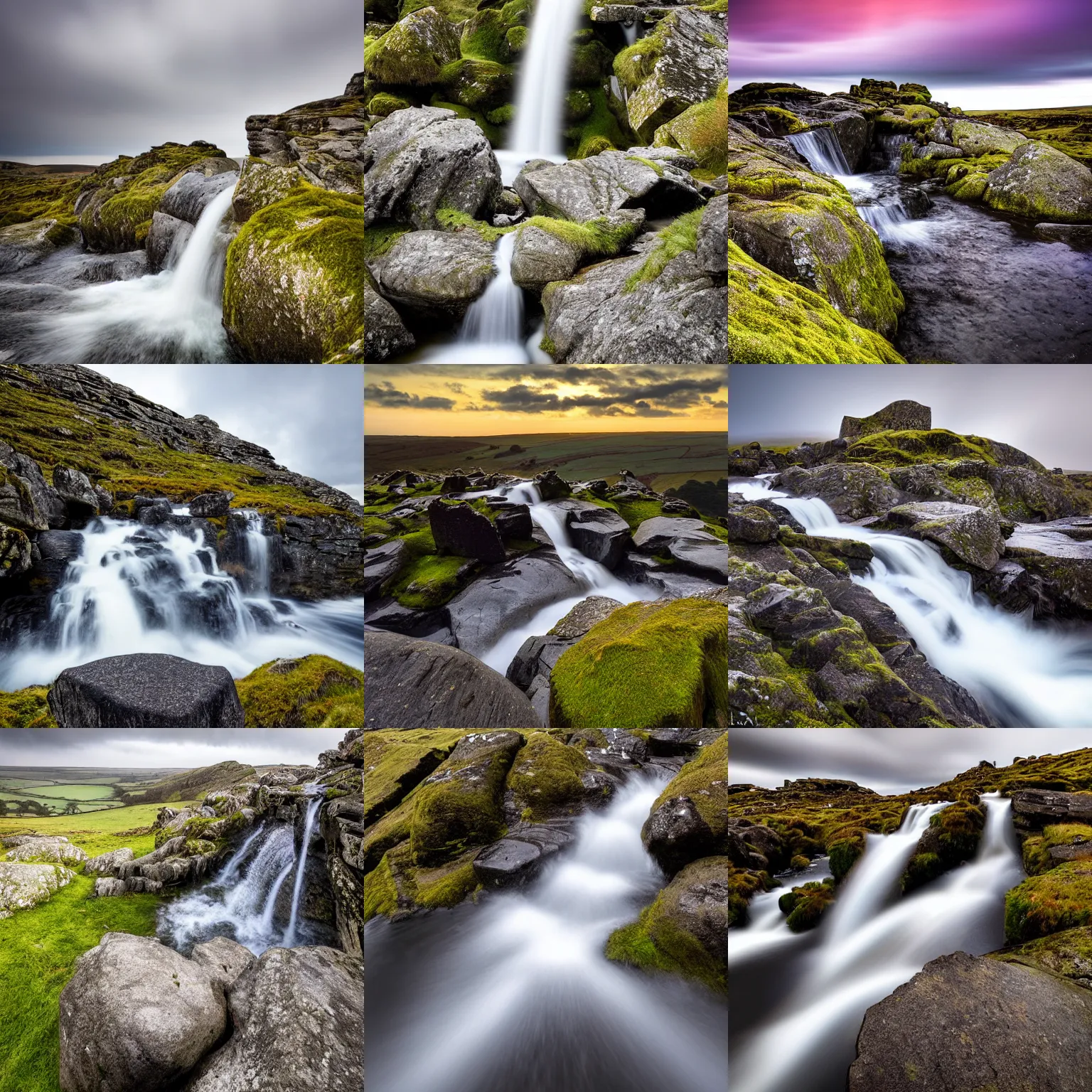 Prompt: A waterfall on a granite rock outcrop in Dartmoor National Park, award winning landscape photography