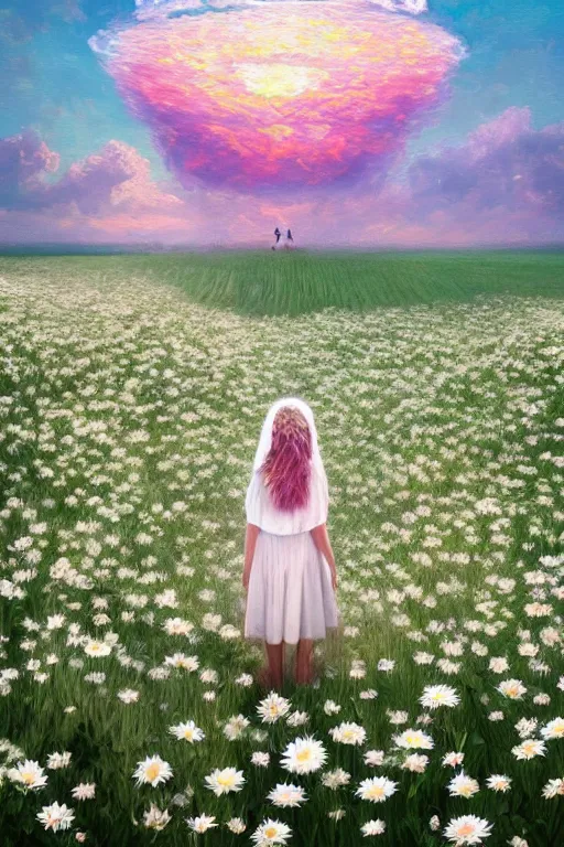 Image similar to giant white daisy flowers veil head, girl walking in a flower field, surreal photography, sunrise, dramatic light, impressionist painting, colorful clouds, digital painting, artstation, simon stalenhag