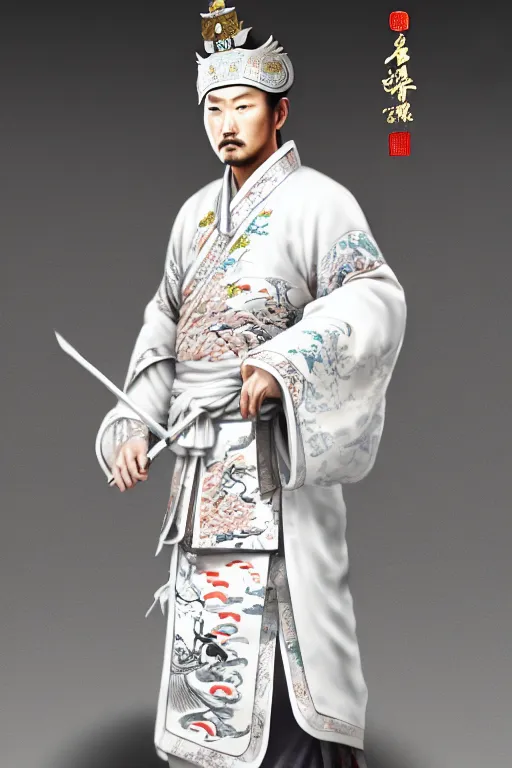 Image similar to a highly detailed epic character design of ancient chinese hansome young emperor, crown wearing white imperial robe strong, full body, background is ancient chinese architecture ， clouds, by chen uen, yoji shinkawa 8 k