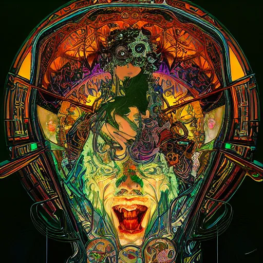 Image similar to deepdream eldritch cosmic intergalactic nightmare by greg rutowski scott fischer dzo alphonse mucha yoji shinkawa incredible horror art psychedelic trippy gorgeous beautiful terror art artstation hyperrealism sci - fi lifelike maximalist