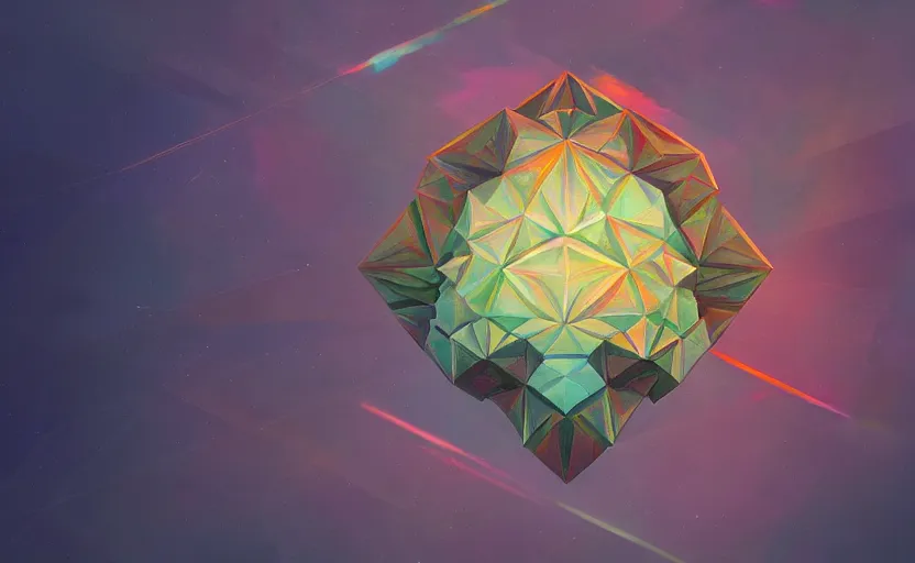 Image similar to a painting of a sierpinski icosahedron trending on artstation in the style of greg rutkowski, 3 d, fractal, 4 d, endless, rainbow, geometric tesseract, symmetry, wallpaper, sacred