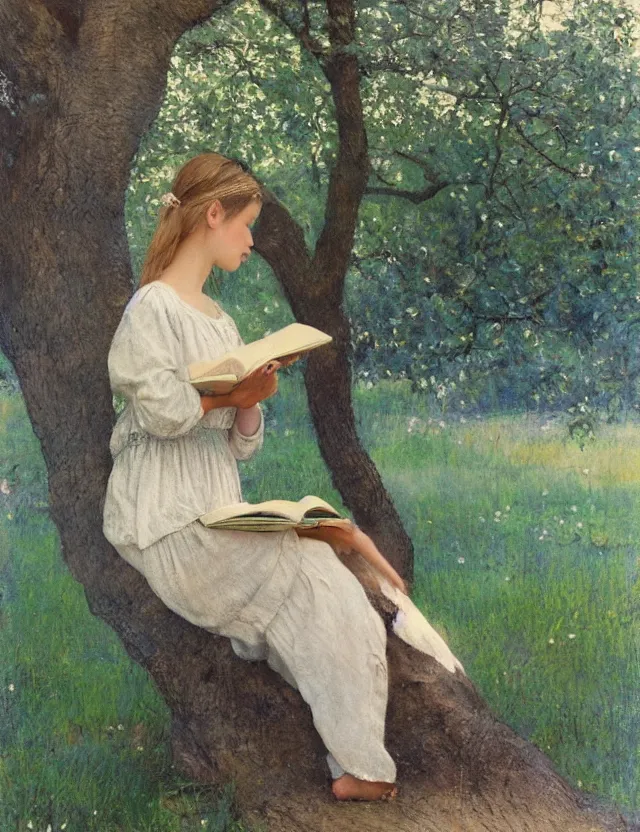 Image similar to peasant girl sitting on a tree and reading a book, polaroid photo bleached vintage pastel colors high - key lighting, soft lights, foggy, by steve hanks, by lisa yuskavage, by serov valentin, by tarkovsky, detailed, oil on canvas