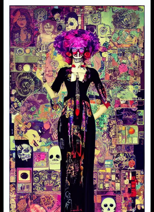 Prompt: cute punk goth fashion hippy fractal Día de los Muertos android girl wearing kimono made of circuits posing by Zhang Jingna, psychedelic poster art by Hannah Höch Käthe Köllwitz Victor Moscoso Rick Griffin Alphonse Mucha Edward Munch Ayami Kojima