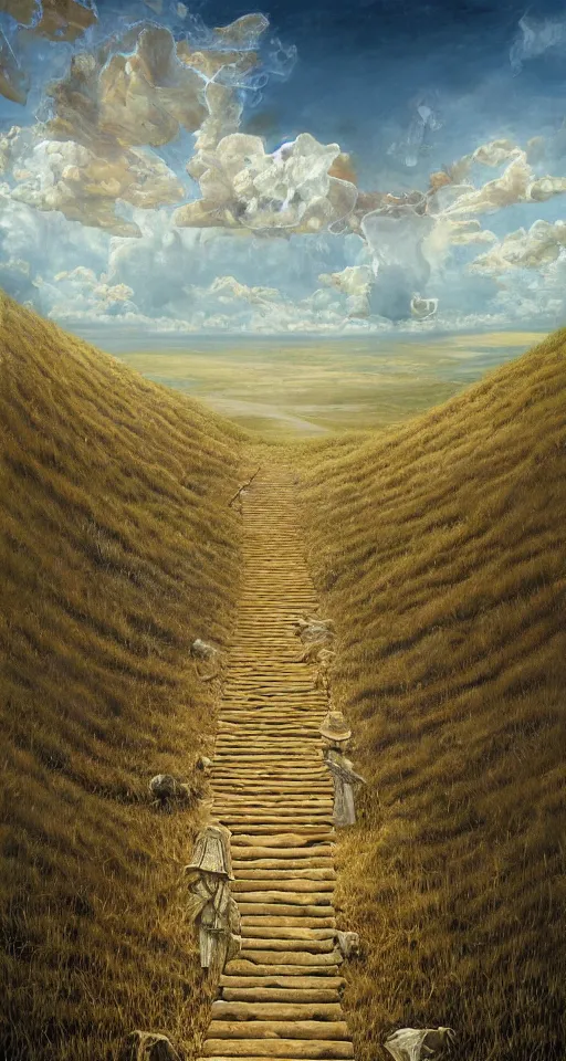 Image similar to surreal the stairways to the sky in the steppe, in game pathologic 2, by jacek yerka, by levitan, oil on canvas, acrylic, digital art, royal academy, masterpiece, trending on artstation, cinematic composition, sharp, details, hyper - detailed, hd