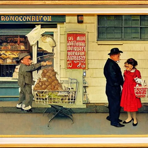 Image similar to a midget and his wife cause problems at the local bakery, painted by norman rockwell and tom lovell and frank schoonover