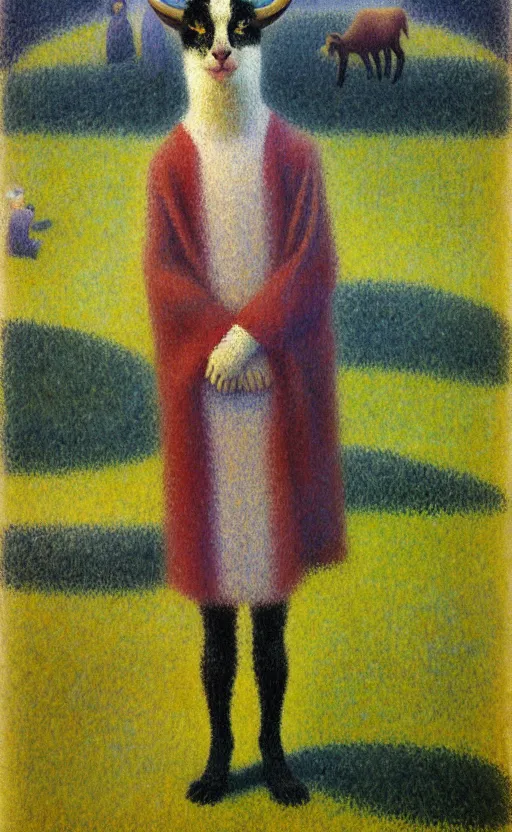 Image similar to a bipedal cat that has two goat horns and is wearing robes, matte oil painting, by georges seurat, d & d, character reveal, fantasy, concept art, cosmic, magical, fog, noble, full body portrait, intricate, ornate, extremely detailed, cult, ritual, sharp focus, 4 k, 8 k