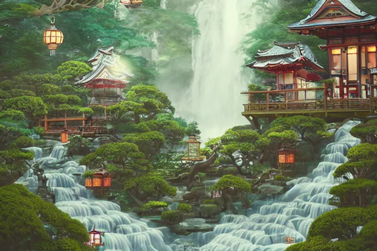 Image similar to A secret dreamy Japanese Victorian style cozy cabin cafe neighborhood city behind a waterfall with many glowing lanterns and ornate creative decorations by Gucci, lush plants and bonsai trees, fashionable people walking around, mossy rocks, bookshelves, floating koi fish, magical feeling vibes, hidden tiny houses, style by Wes Anderson and James Jean, trending on artstation