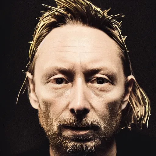 Image similar to Thom Yorke, a man with a beard and a black jacket, a portrait by John E. Berninger, dribble, neo-expressionism, uhd image, studio portrait, 1990s