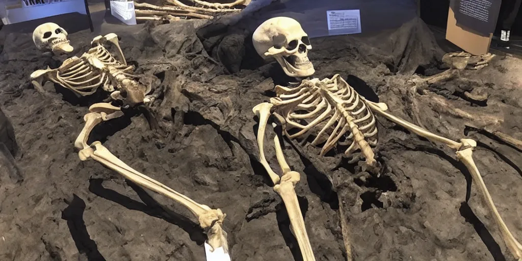 Prompt: giant human skeleton 2 0 feet tall discovered in the labrea tar pits in los angeles, on display media event, amazing, in the style of a news report