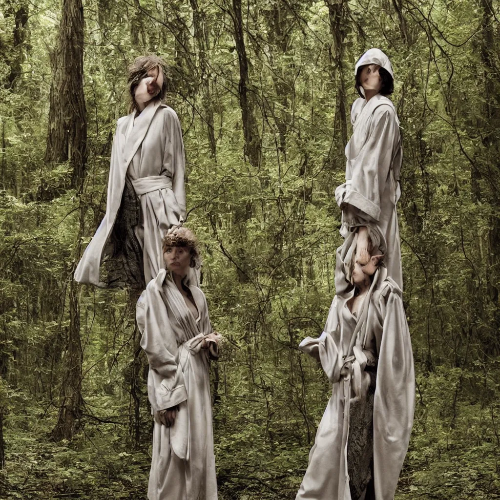 Prompt: a woman with a robe made of wire in a forest, vogue magazine