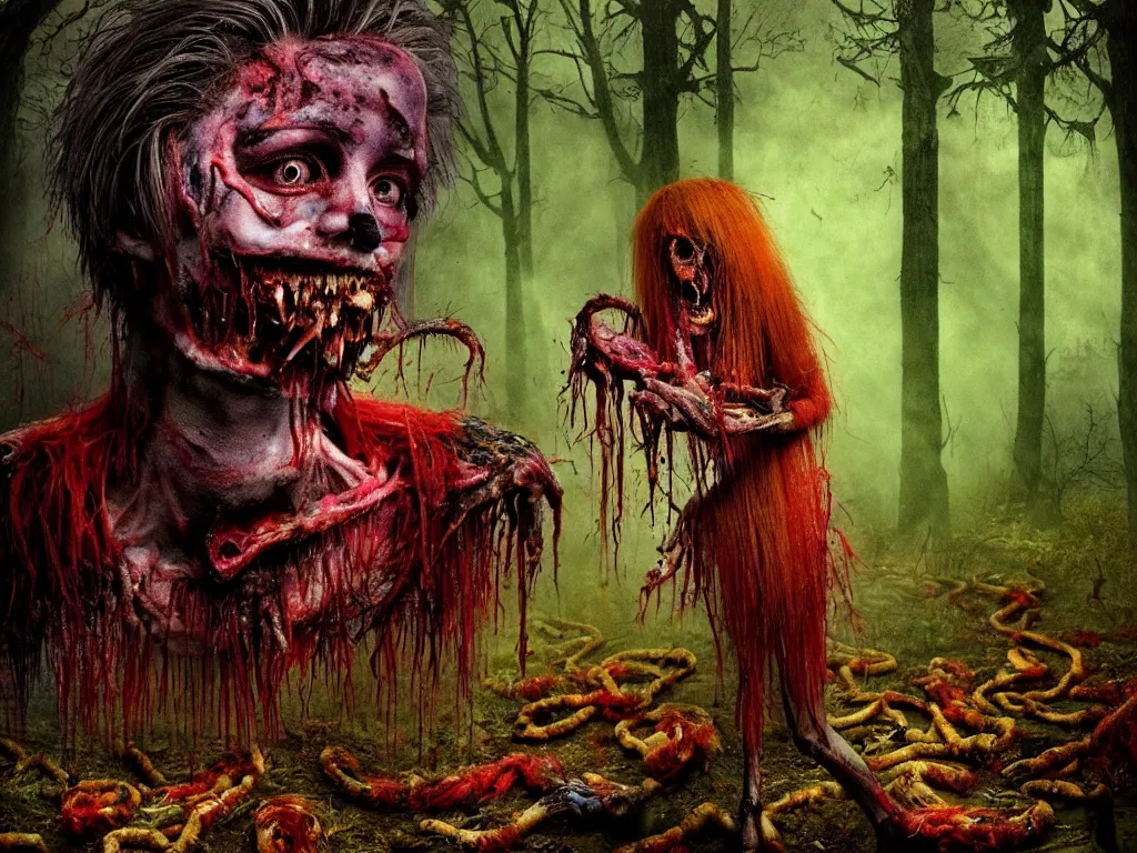 Prompt: a beautiful colorful ( flesh - eating ) gazipagmo with hair made of maggots and covered in raindow fur, eating the leg of a screaming man, in a creepy forest, schizophrenic hallucination, fear, morbid, nightmare, supernatural, 8 k, digital art, highly detailed, chiaroscuro, terrifying