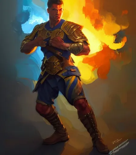 Prompt: ready to fight soldier with blue and yellow flag, fire background, fire burst, muscular masculine figure, dungeons and dragons portrait, highly detailed, digital painting, artstation, concept art, sharp focus, illustration, art by artgerm and greg rutkowski and alphonse mucha