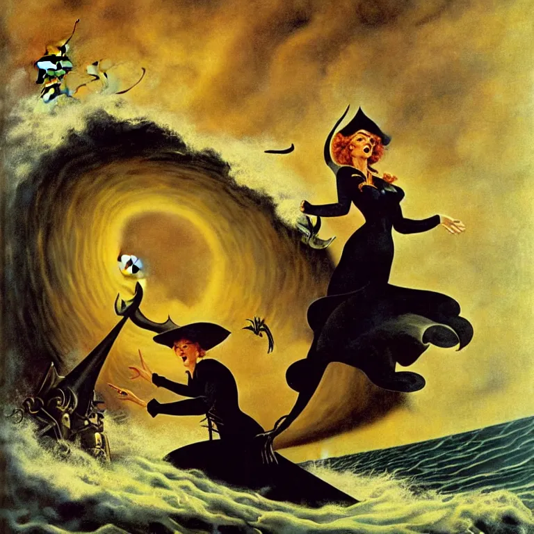 Image similar to a pirate witch summoning a giant wave by remedios varo and art frahm and earl moran and fritz willis and gil elvgren