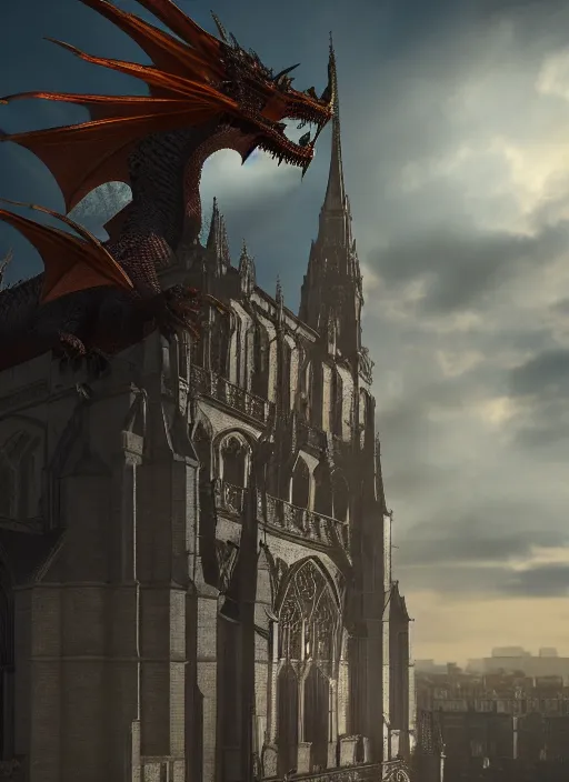 Image similar to a dragon perches atop a cathedral, menacing black dragon, cinematic, volumetric lighting, physically based render