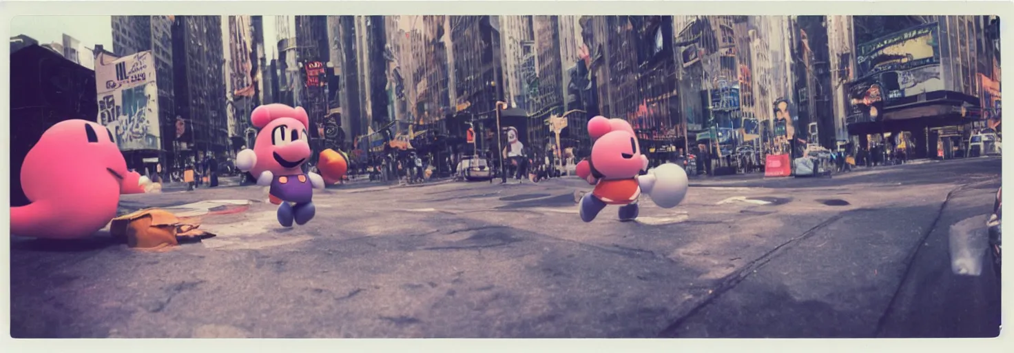 Prompt: Polaroid Photo of Kirby from super smash bros on the street in New York City