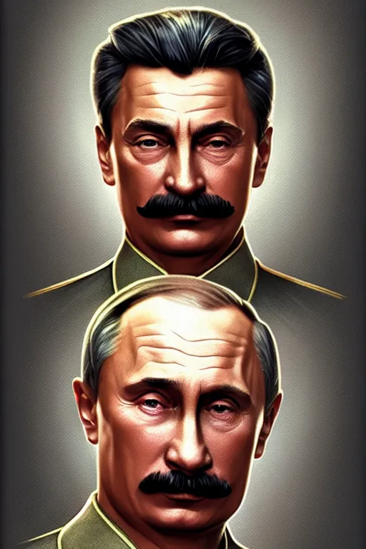 Image similar to vladimir putin as stalin, realistic portrait, symmetrical, highly detailed, digital painting, artstation, concept art, smooth, sharp focus, illustration, cinematic lighting, art by artgerm and greg rutkowski and alphonse mucha