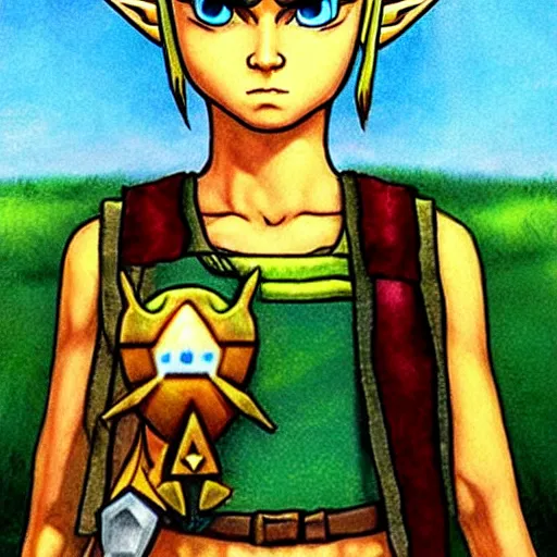 Image similar to the legend of Zelda in the style of American gothic