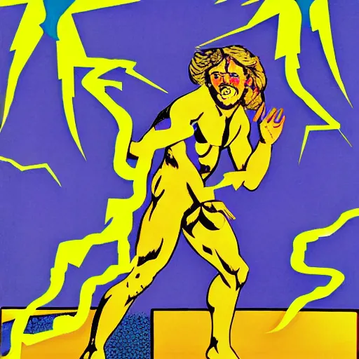 Image similar to zeus throwing lightning bolts, smiting, portrait, 70s pop art