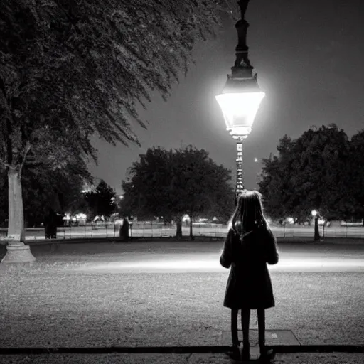 Prompt: a girl reading a book, city park, street lighting, by Emmanuel Lubezki