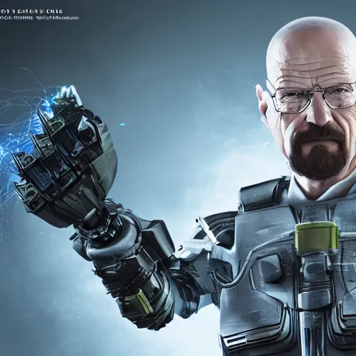 Image similar to Walter White firing lasers from his cybernetic battle armor, highly detailed, centered, concept art, 8k octane render