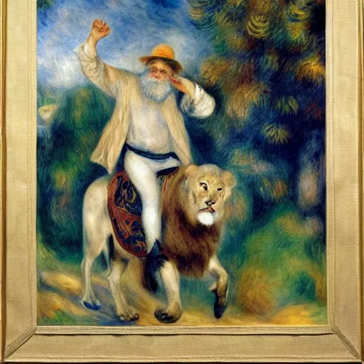 Image similar to old man ( wise long white beard wearing a hooded tunic ) riding on lions back by renoir