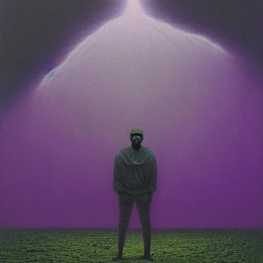 Image similar to kanye west as a zdzisław beksinski painting, surreal, godlike, neon purple shading