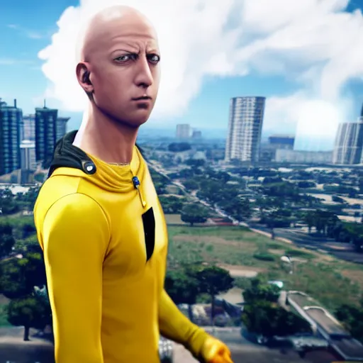 Prompt: an ingame shot of the one punch man as a gta 5 character, ingame shot from gta 5, ray tracing x, wet reflections, unreal engine 5, intricate details, fantasy, hyper realism, humongous view, smooth, cinematic