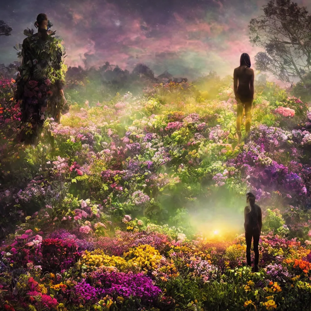 Image similar to a planet of various flowers, fungus and plants, in which the human figure is dressed in something magical and impressive, inside the picture is infinity, sunset light, Atmospheric phenomenon, artistic photography, muted colors, conceptual, long exposure outside the city