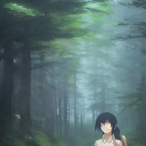 Image similar to anime character in the woods, hyperrealistic, trending on pixiv fanbox, painted by greg rutkowski makoto shinkai takashi takeuchi studio ghibli, akihiko yoshida