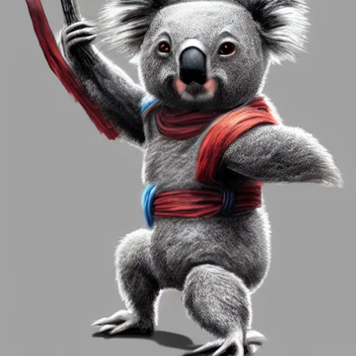 Image similar to a cute koala dressed in a shinobi outfit, by łukasz piskorz and patrick mcenvoy and michael komarck, intricate, highly detailed, artstation, concept art, smooth, sharp focus photorealistic centered