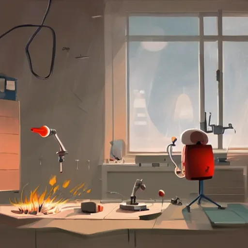 Image similar to goro fujita ilustration a science laboratory, fire and smoke, explosion, painting by goro fujita, sharp focus, highly detailed, artstation