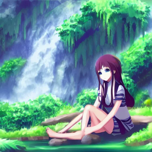 Prompt: Anime girl, anime jungle environment, overlooking a waterfall, minimal, sketch, rough draft