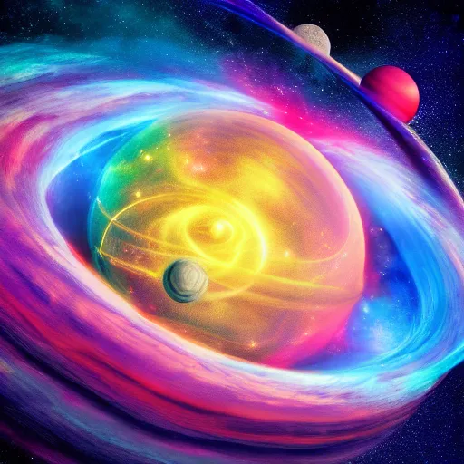 Prompt: magic fluids swirling around in space with planets in the background, colorful, realistic, magic, fluid, photoreal, space, 8k