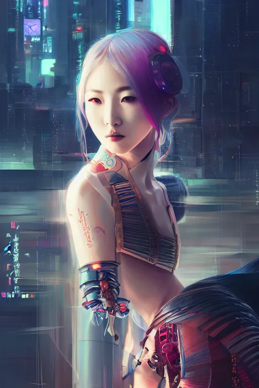 Image similar to portrait futuristic Samurai Girl, in future cyberpunk tokyo rooftop , ssci-fi, fantasy, intricate, very very beautiful, elegant, human anatomy, neon light, highly detailed, digital painting, artstation, concept art, smooth, sharp focus, illustration, art by tian zi and WLOP and alphonse mucha