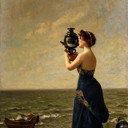 Image similar to model in a ballroom dress holding an antique diving helmet by the sea, by alfred stevens