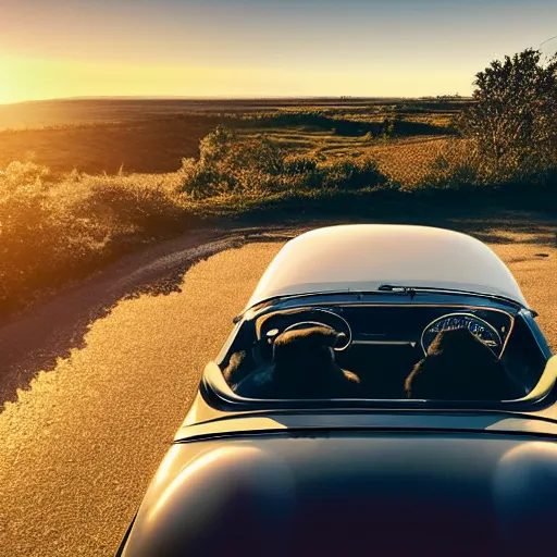 Prompt: top view of cabriolet, cat behind steering wheel looking happy, golden hour