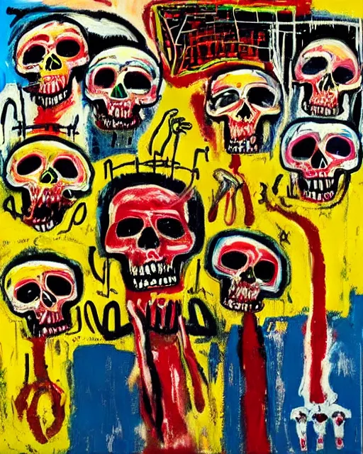 Image similar to oil neo expressionism painting of skull skeletons singing in the choir by basquiat