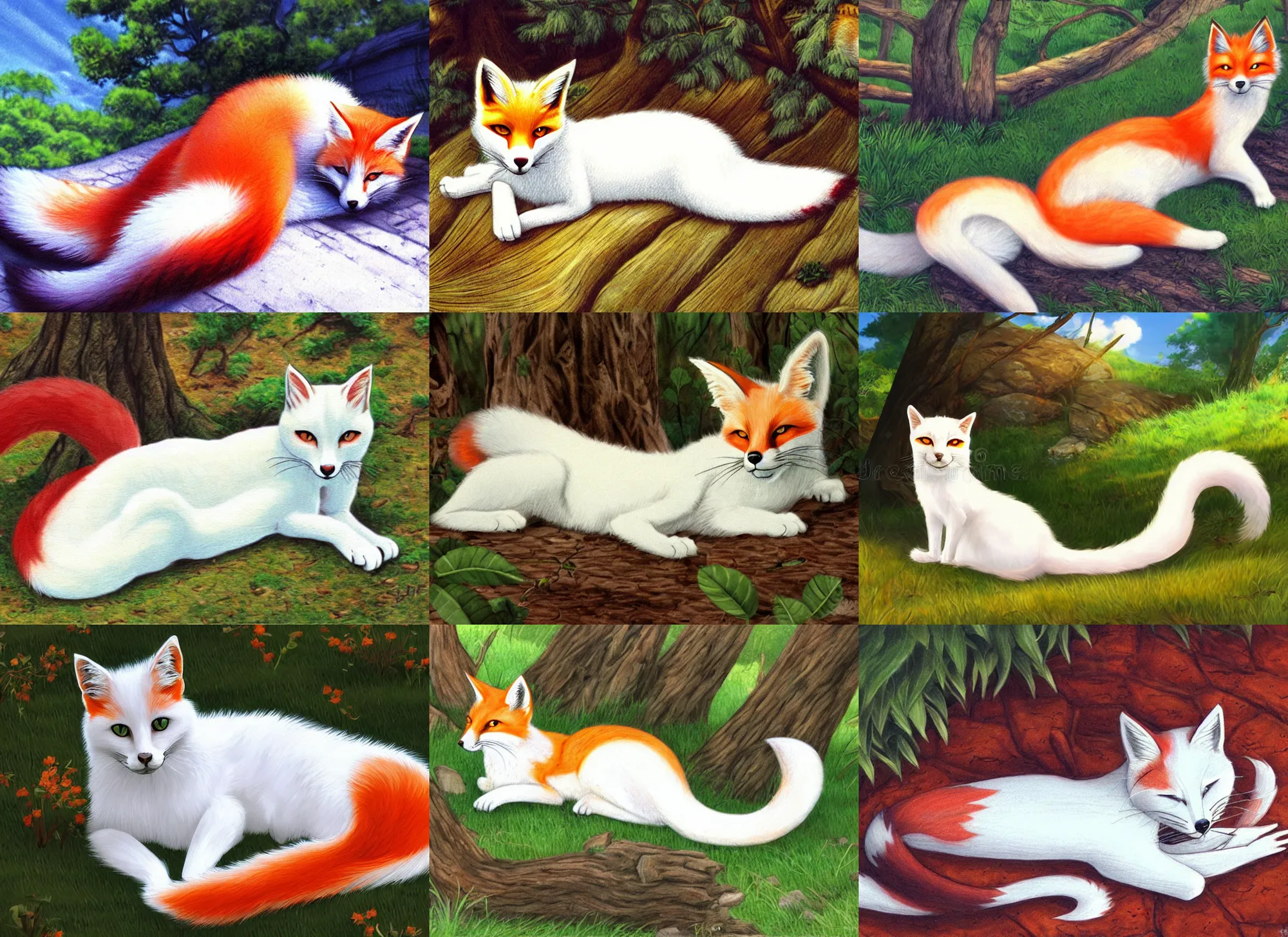 Prompt: white cat with red tail like fox back laying at sunny forest, smooth, anime illustration, realism