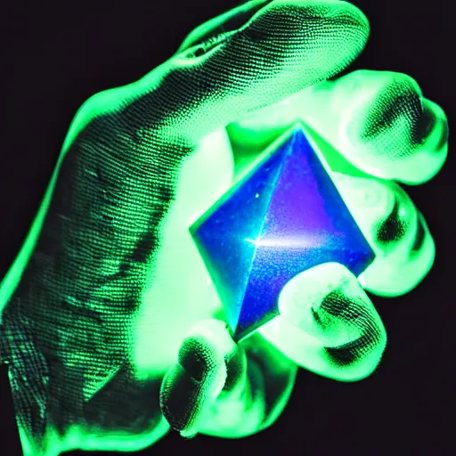 Image similar to a glowing shard of kryptonite held in an open black - gloved hand, black background