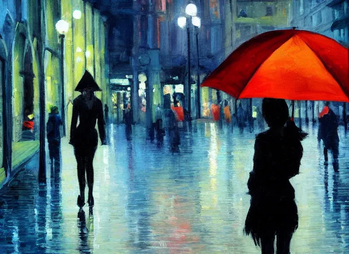 Image similar to evening city scene with height young woman holding an umbrella. beautiful use of light and shadow to create a sense of depth and movement. using energetic brushwork and a limited color palette, providing a distinctive look and expressive quality in a rhythmic composition