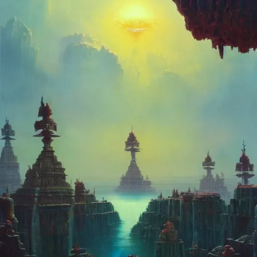 Image similar to A gigantic colossal epic dramatic scene from Ramayan , by Bruce Pennington, by Wayne Barlowe, by Greg Rutkowski, oil on canvas, masterpiece, detailed, dynamic, cinematic composition, beautiful lighting, view from ground, trending on artstation, top on pixiv, 8K, no frames,