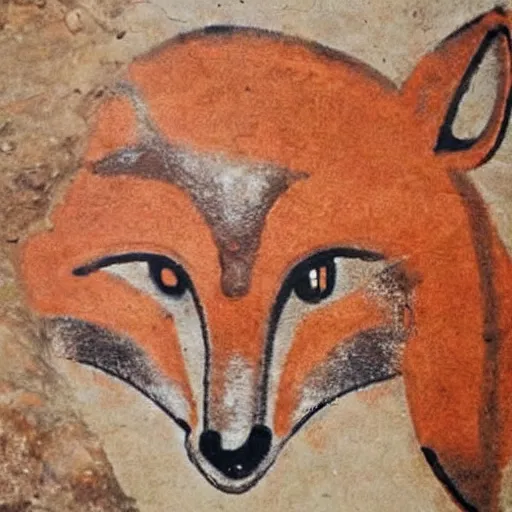 Image similar to neolithic cave painting of a half-fox warrior. strong and powerful anthropomorphic fox. gorgeous eyes. cave scratches in cave wall. art by homo erectus. earthen colors