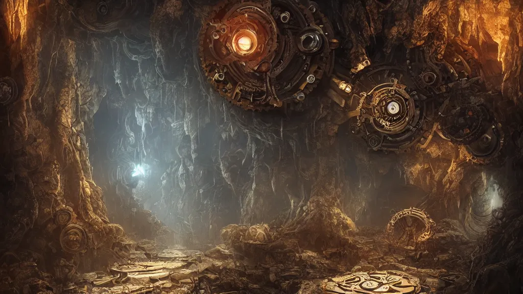 Prompt: clockwork yggdrasil deep underground, steampunk machinery, intricate matte painting, light from cracks in the cave ceiling, roots covered in gears, god rays, cinematic lighting, highly detailed oil painting, epic fantasy art, artstation, masterpiece, 8k