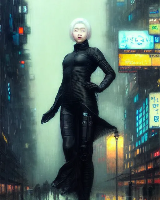 Image similar to beautiful portrait of kang seul - gi, ultra white hair, android, in rainy city street, cyberpunk, wearing tactical gear, by gaston bussiere, craig mullins, j. c. leyendecker, gustav klimt, artgerm, greg rutkowski