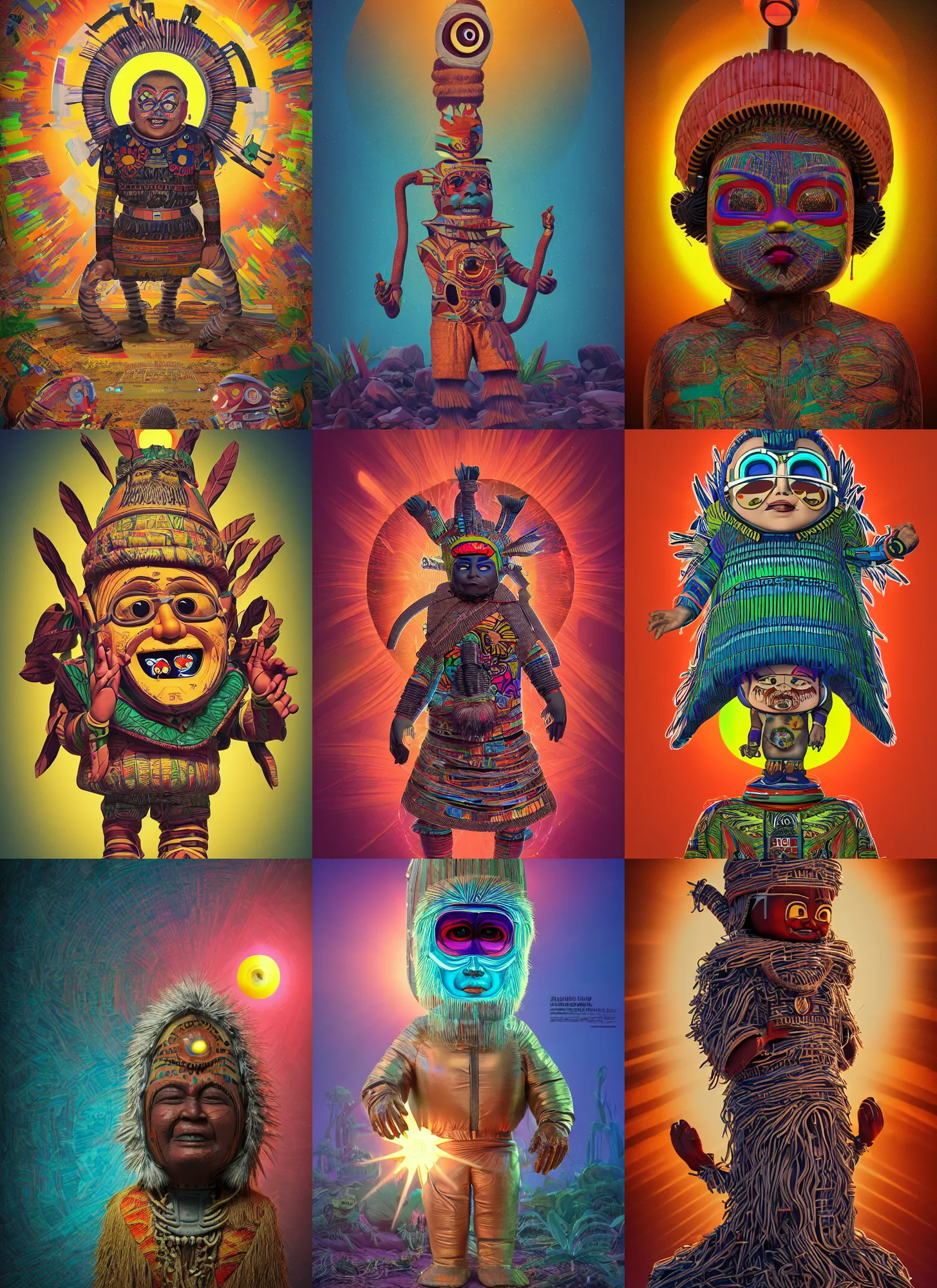 Prompt: a complex diagram poster artwork, garbage pail kids style, of a futuristic selk'nam, interacting with the soul of the sun, aboriginal capirote, irisdicense, houdini algorithmic generative render, sharp focus, dinamic composition, octane render 8 k