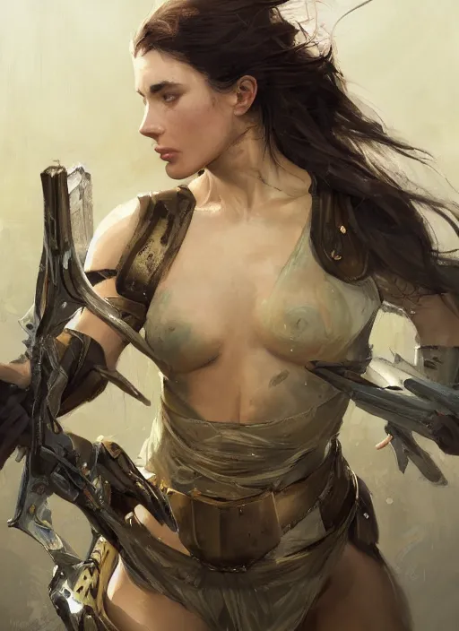 Image similar to a professional painting of a beautiful young female, partially clothed in battle armor, olive skin, long dark hair, beautiful bone structure, symmetrical facial features, intricate, elegant, digital painting, concept art, smooth, sharp focus, illustration, from Metal Gear, by Ruan Jia and Mandy Jurgens and Greg Rutkowski and Artgerm and William-Adolphe Bouguerea
