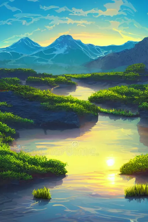 Image similar to sunrise mountain water vector illustration digital art by samuel smith trending on artstation