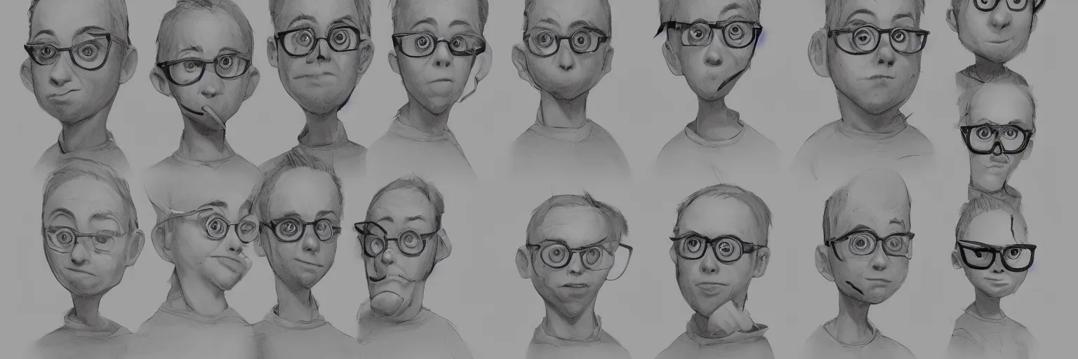 Prompt: character study of down syndrome todd solondz, clear, disturbed, glasses, character sheet, fine details, concept design, contrast, kim jung gi, da vinci and pixar, trending on artstation, 8 k, full body and head, turnaround, front view, back view, ultra wide angle