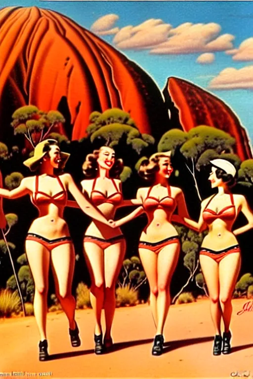 Image similar to 1940s group of pinup bikini girls walking around 1940s Ayers Rock, Uluru, in Australia, oil painting, by Gil Elvgren