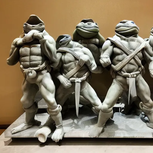 Image similar to teenage mutant ninja turtles as a sculpture from the renaissance made of white marble, high details, cinematic, photorealistic